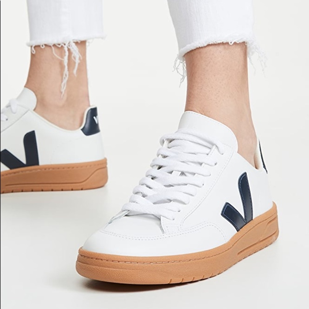 Veja Women’s White Sneakers with Navy V and Gum Sole